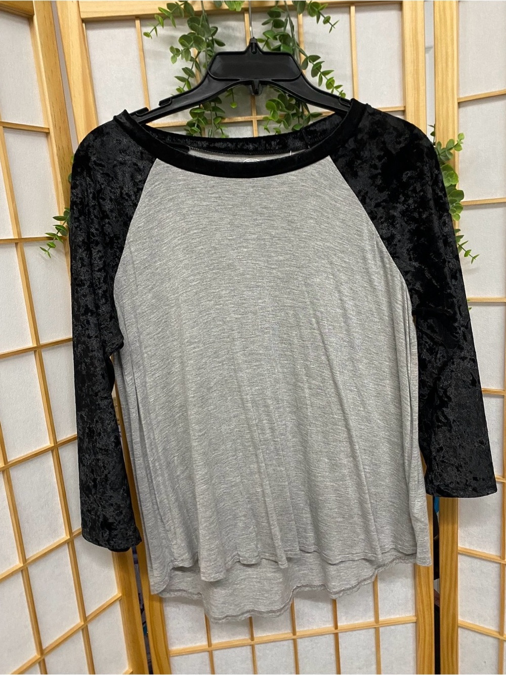 Maurices Gray Body with Black Velvet Raglan Top